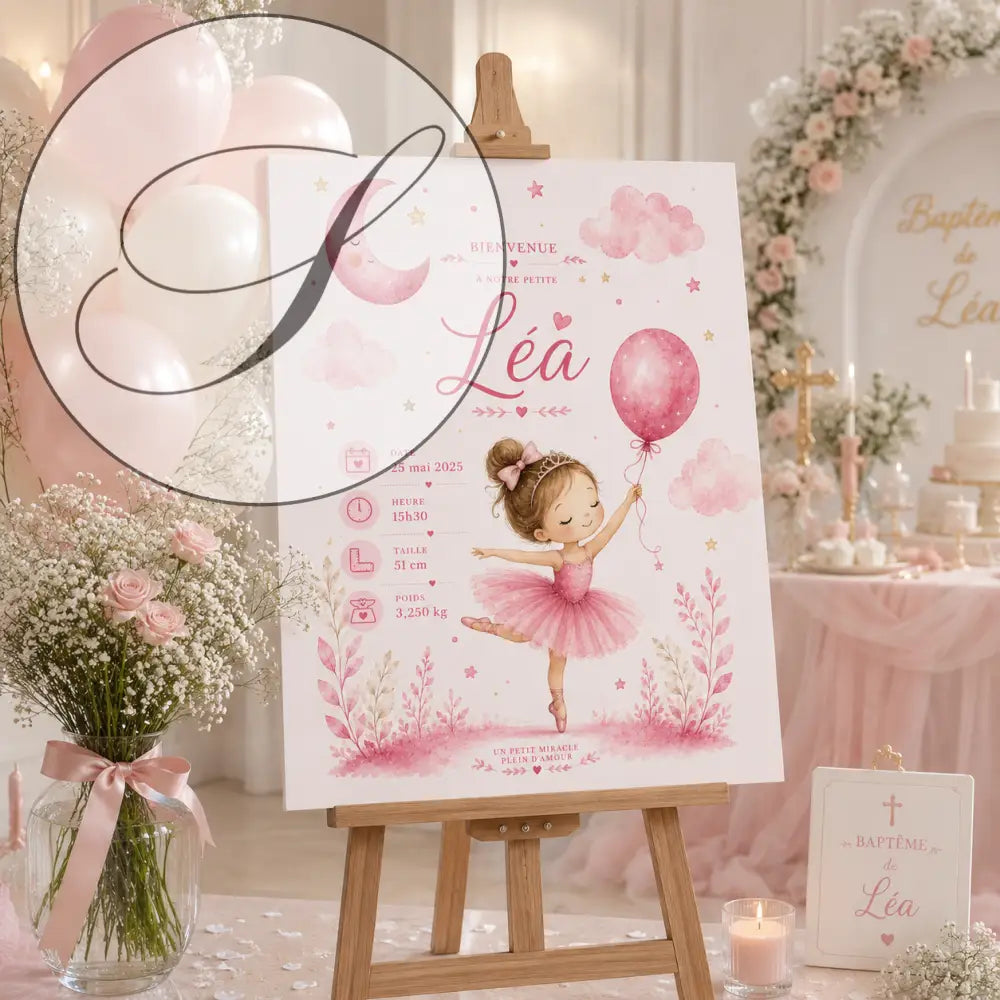 Panneau de bienvenue pour baby shower en aquarelle rose avec ballerine tenant un ballon sur chevalet en bois