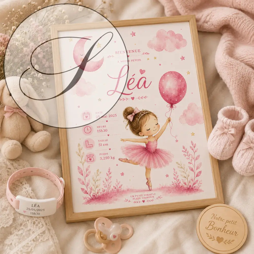 Impression rose aquarelle d’une ballerine en tutu tenant un ballon encadrée en bois clair produit f