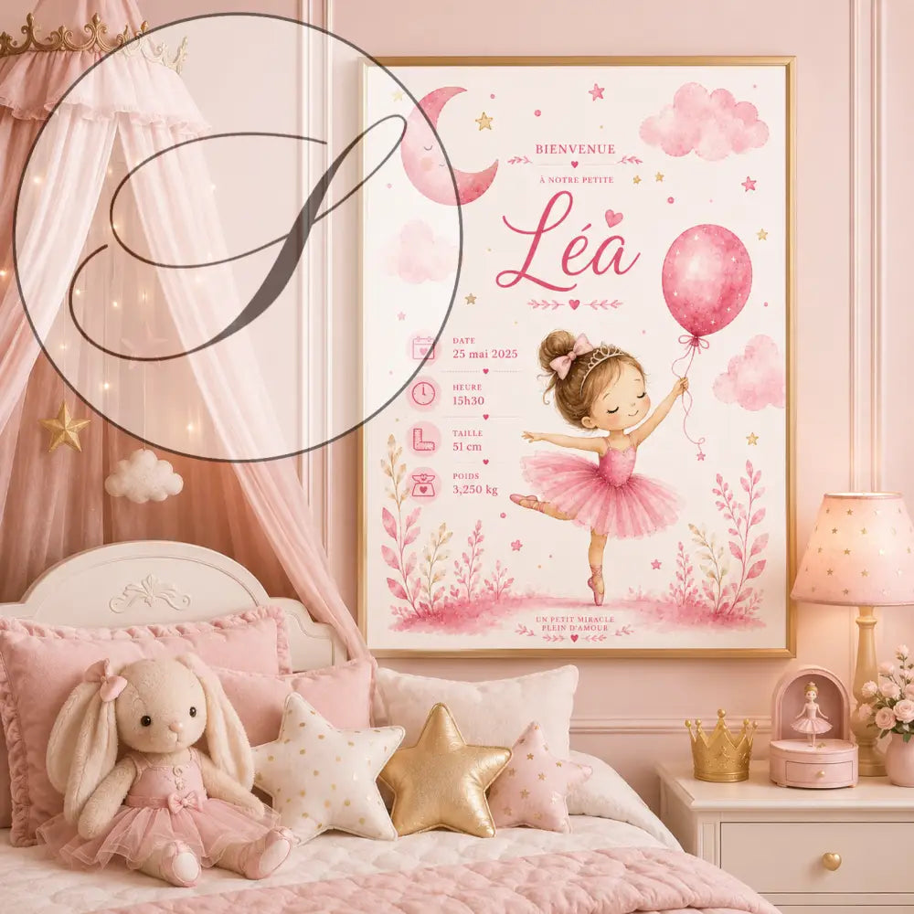 Impression aquarelle rose dune ballerine tenant un ballon encadrée en or pour décoration murale