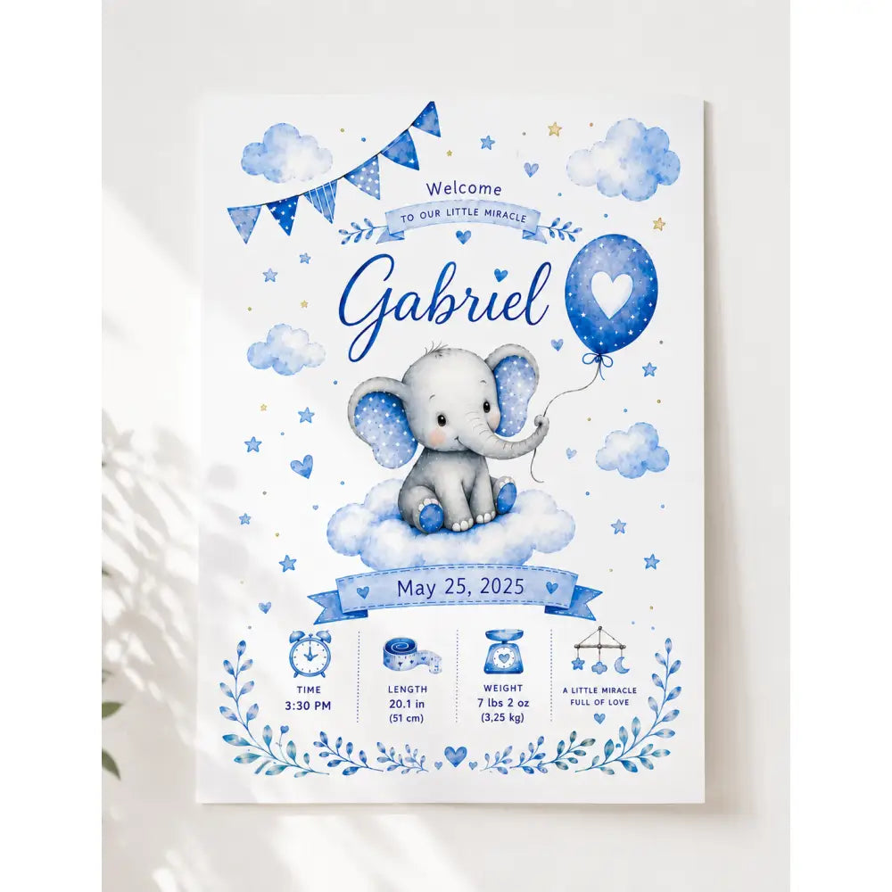 Carte de bienvenue pour baby shower bleue style aquarelle avec éléphant gris aux oreilles étoilées tenant un ballon cœur