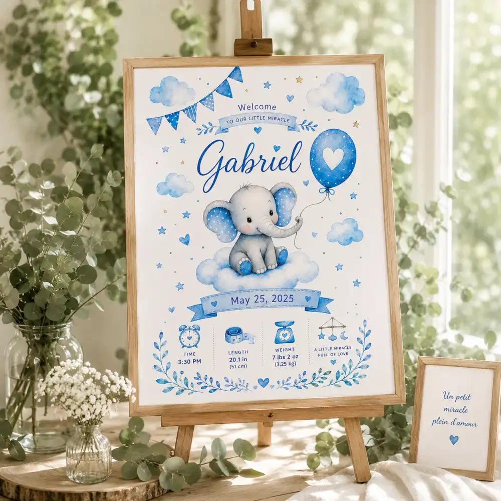 Un panneau de bienvenue bleu et blanc charmant pour baby shower avec un éléphant 