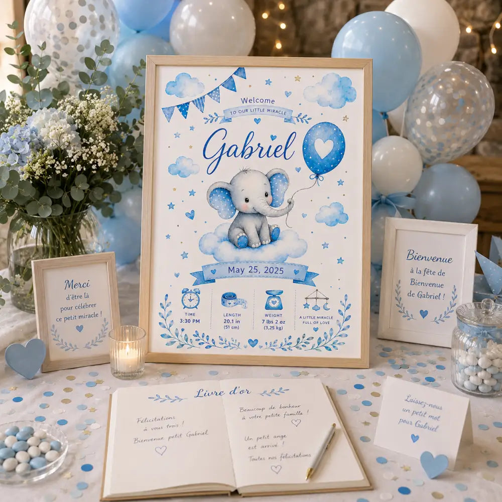 Un panneau de bienvenue charmant bleu et blanc pour baby shower avec un éléphant tenant un ballon et détails de bébé gabriel