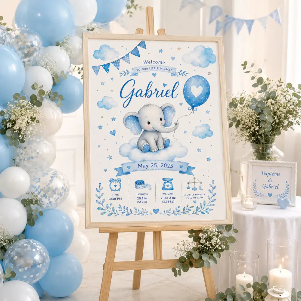 Welcome sign de baby shower bleu et blanc avec éléphant sur un nuage en cadre bois clair pour la décoration
