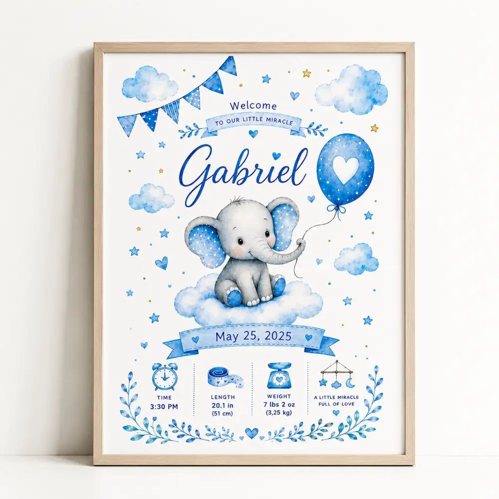 Affiche de naissance bébé en aquarelle bleue et blanche avec un éléphant sur les nuages et détails du bébé