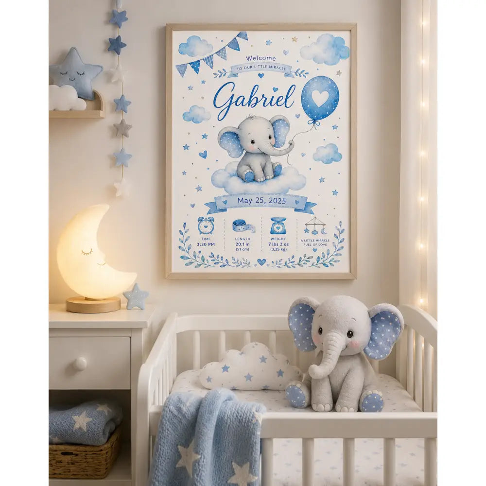 Affiche de bienvenue pour baby shower encadrée avec un éléphant bleu sur un nuage et détails de naissance gabriel