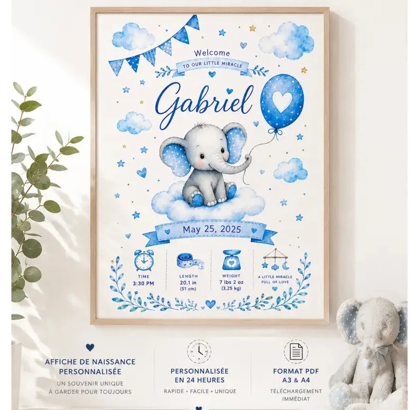 Poster naissance bébé personnalisé encadré avec éléphant gris aquarelle sur nuage 