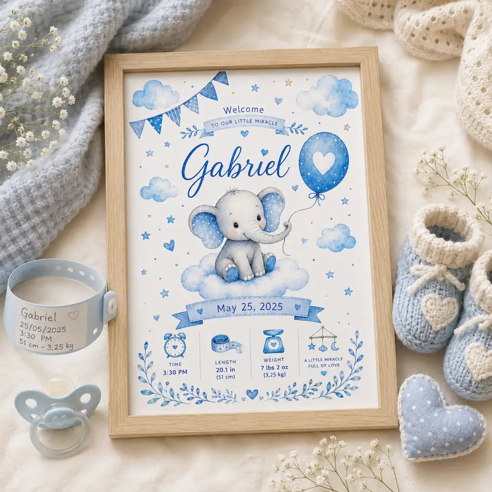 Un cadre de baby milestone avec un éléphant gris aquarelle sur un nuage avec étoiles et cœurs bleus
