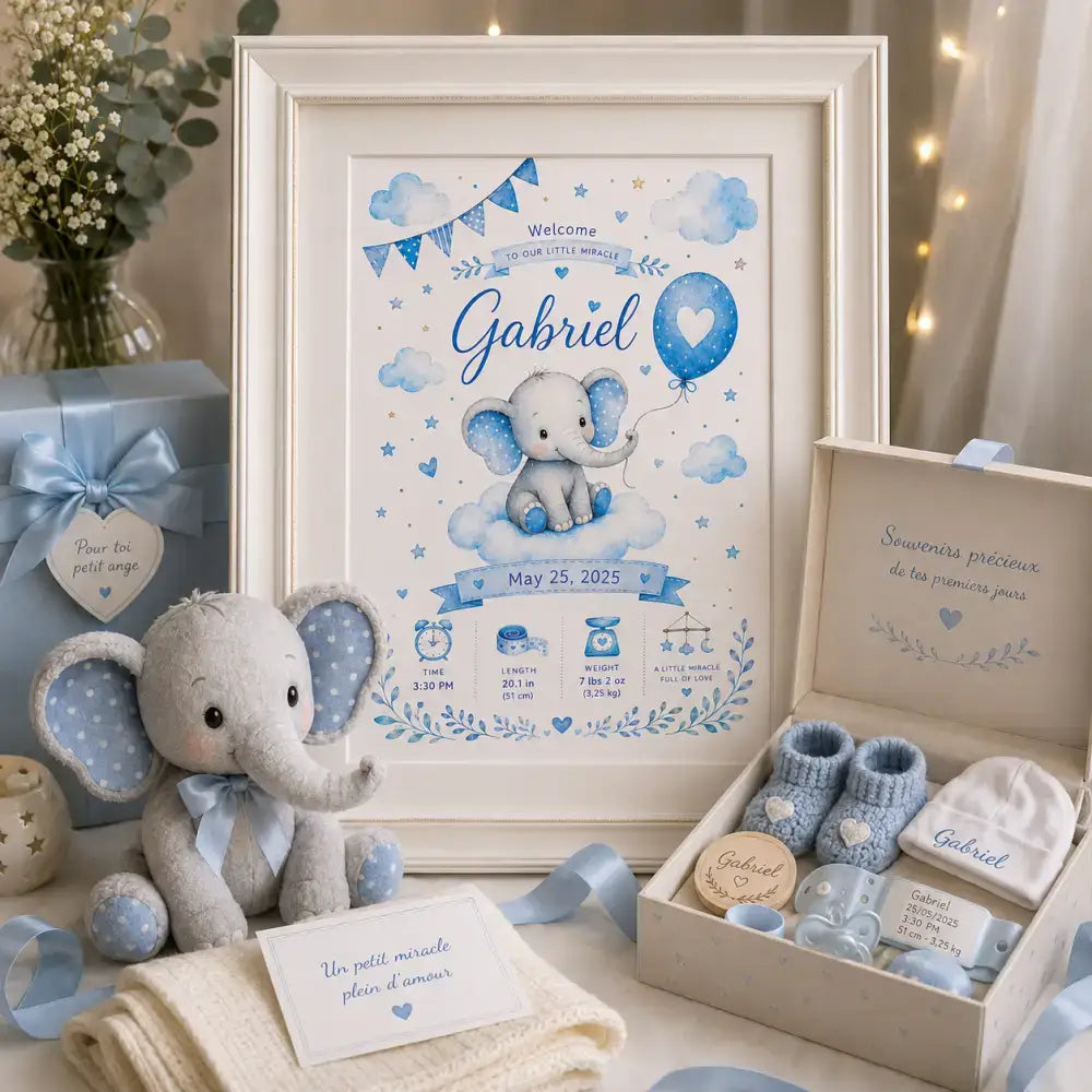 Welcome sign de baby shower bleu et blanc avec illustration déléphant sur un nuage et détails de naissance