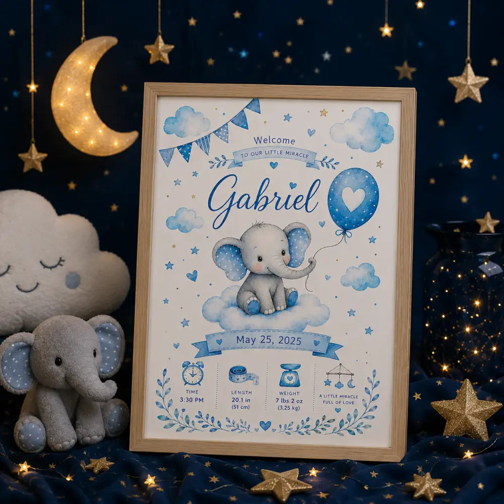 Un panneau de bienvenue encadré pour baby shower avec un éléphant gris et des détails de naissance en bleu marine