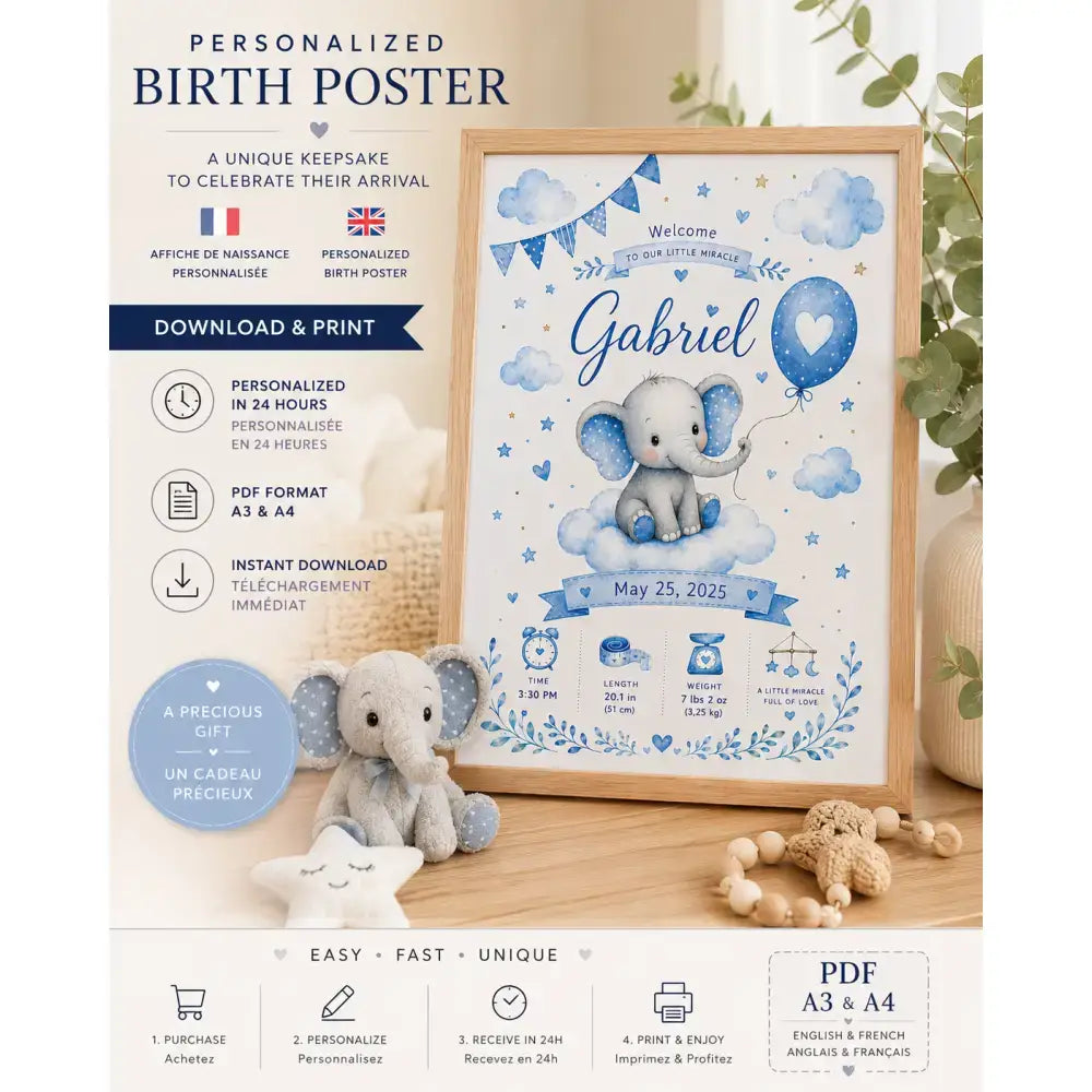 Affiche de naissance personnalisée g avec éléphant bleu et blanc charmeur 