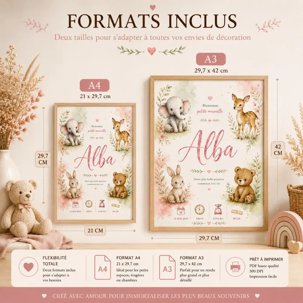 Affiche de bienvenue bébé a3 encadrée avec design aquarelle éléphant cerf lapin ours entouré de fleurs roses sans titre 30déc._10