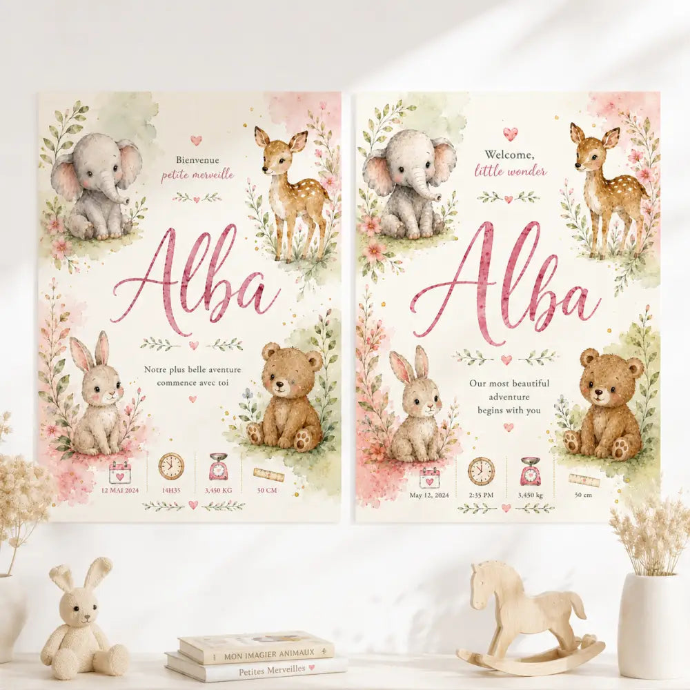 Deux affiches milestones pour bébé sans titre 30déc avec illustrations aquarelle d’éléphant gris, cerf brun tacheté, et ours beige entourés de fleurs roses et verdure