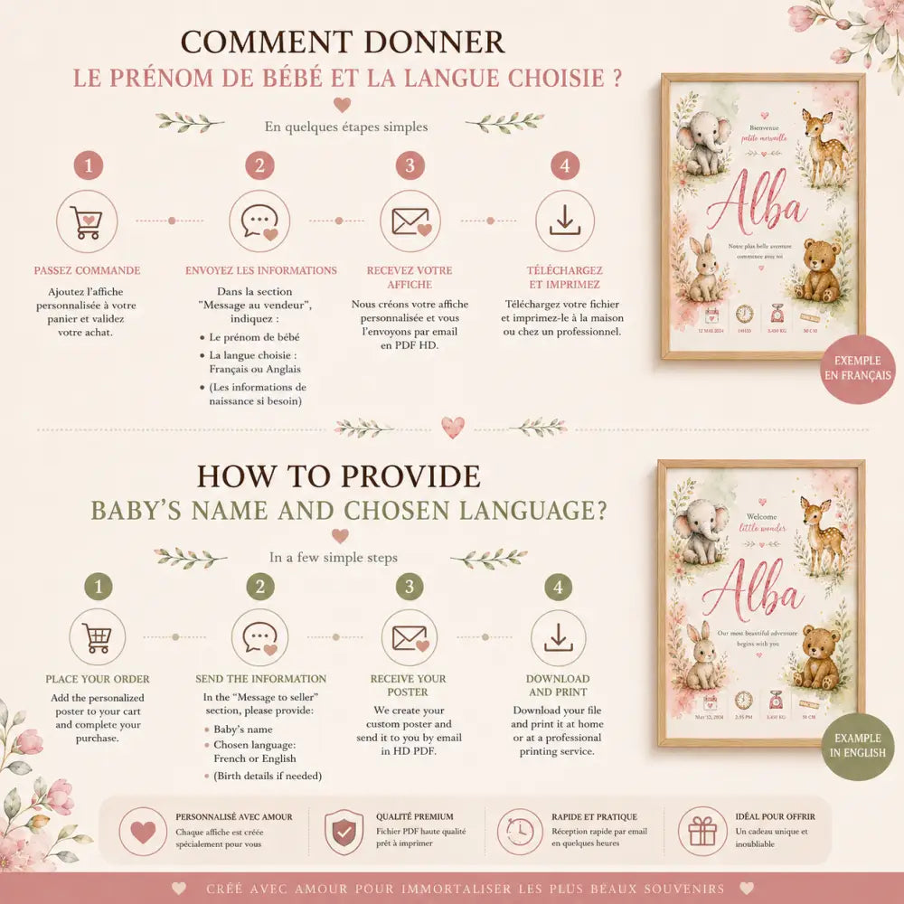 Affiche personnalisée de naissance pour bébé en rose et crème avec animaux de la forêt et prénom alba en écriture cursive