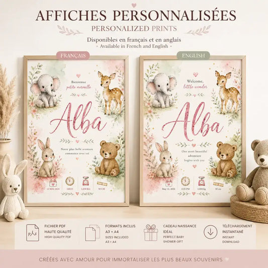 Affiche de naissance personnalisée prénom avec design aquarelle animal pastel cadeau bébé unique à imprimer pdf