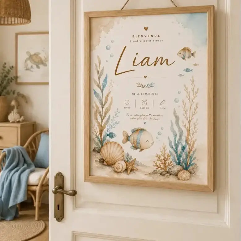 Affiche de naissance encadrée gg en aquarelle avec illustrations océaniques cadre bois clair couleurs pastel