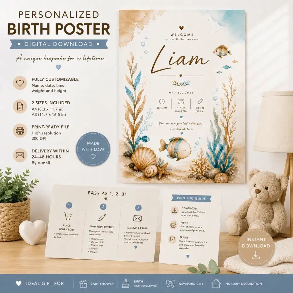 Affiche naissance personnalisée thème marin avec illustration aquarelle océan 