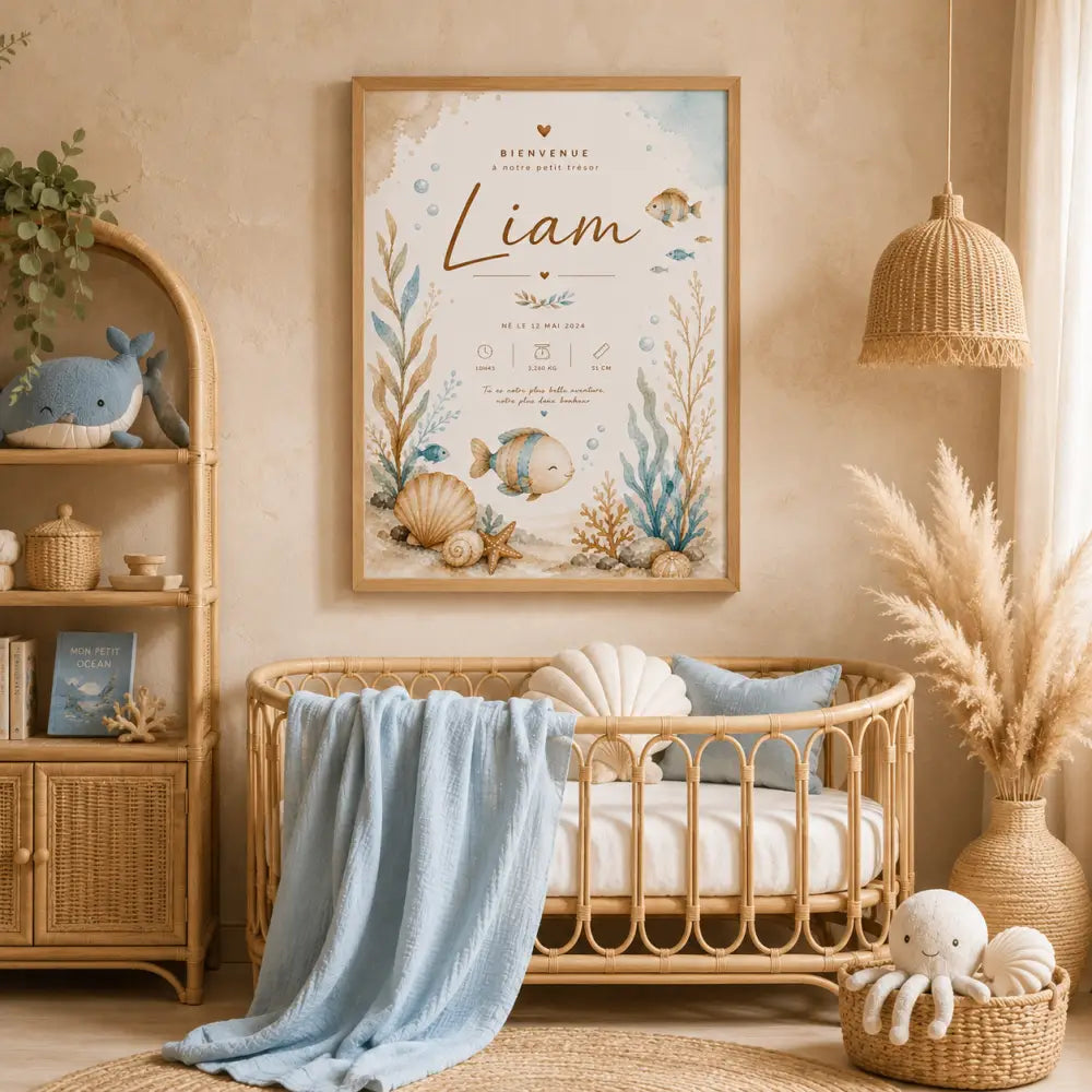 Affiche de naissance gg encadrée thème océan avec illustrations aquarelle poissons coquillages et corail tons bleus et terreux