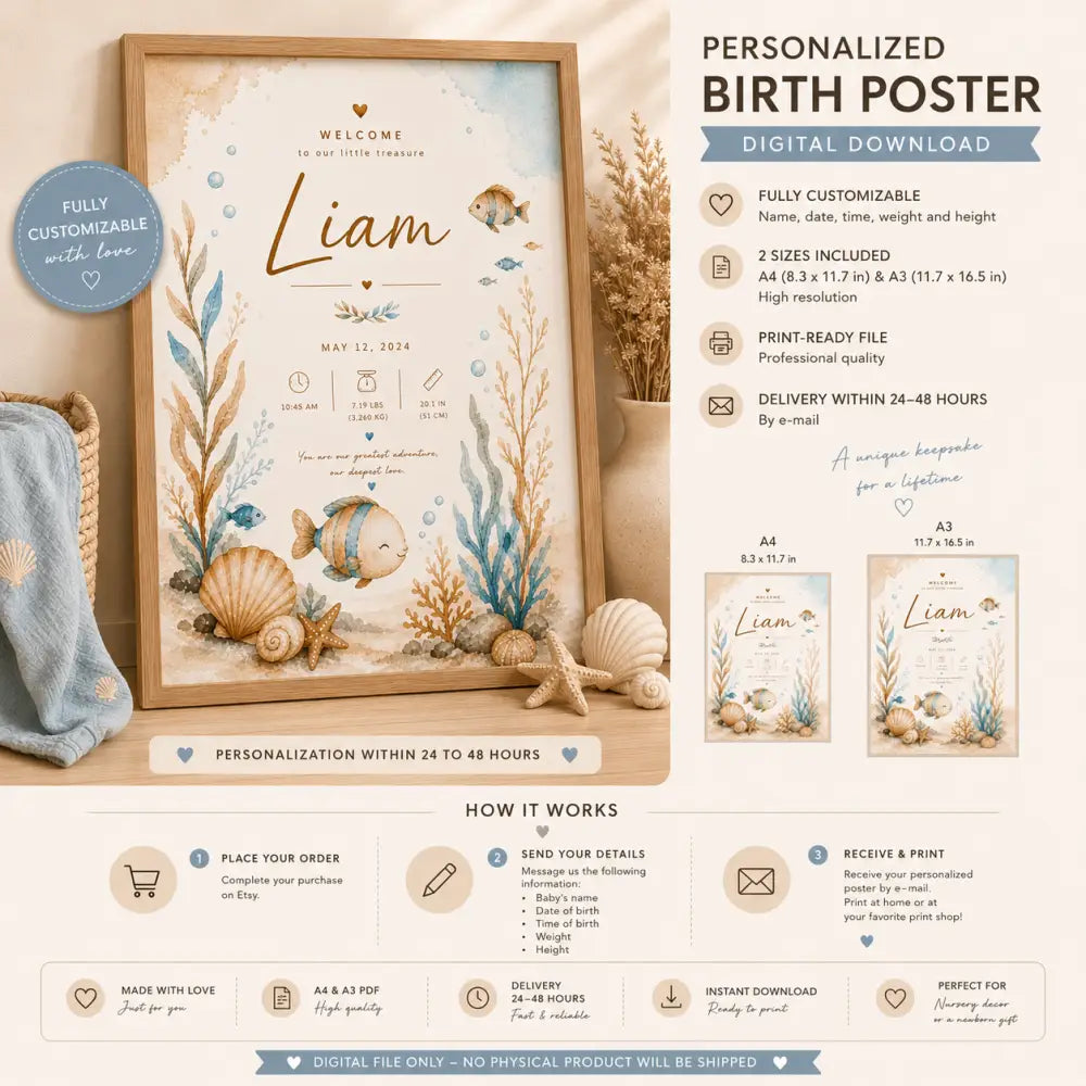 Affiche de naissance personnalisée encadrée avec motif aquarelle océan poissons