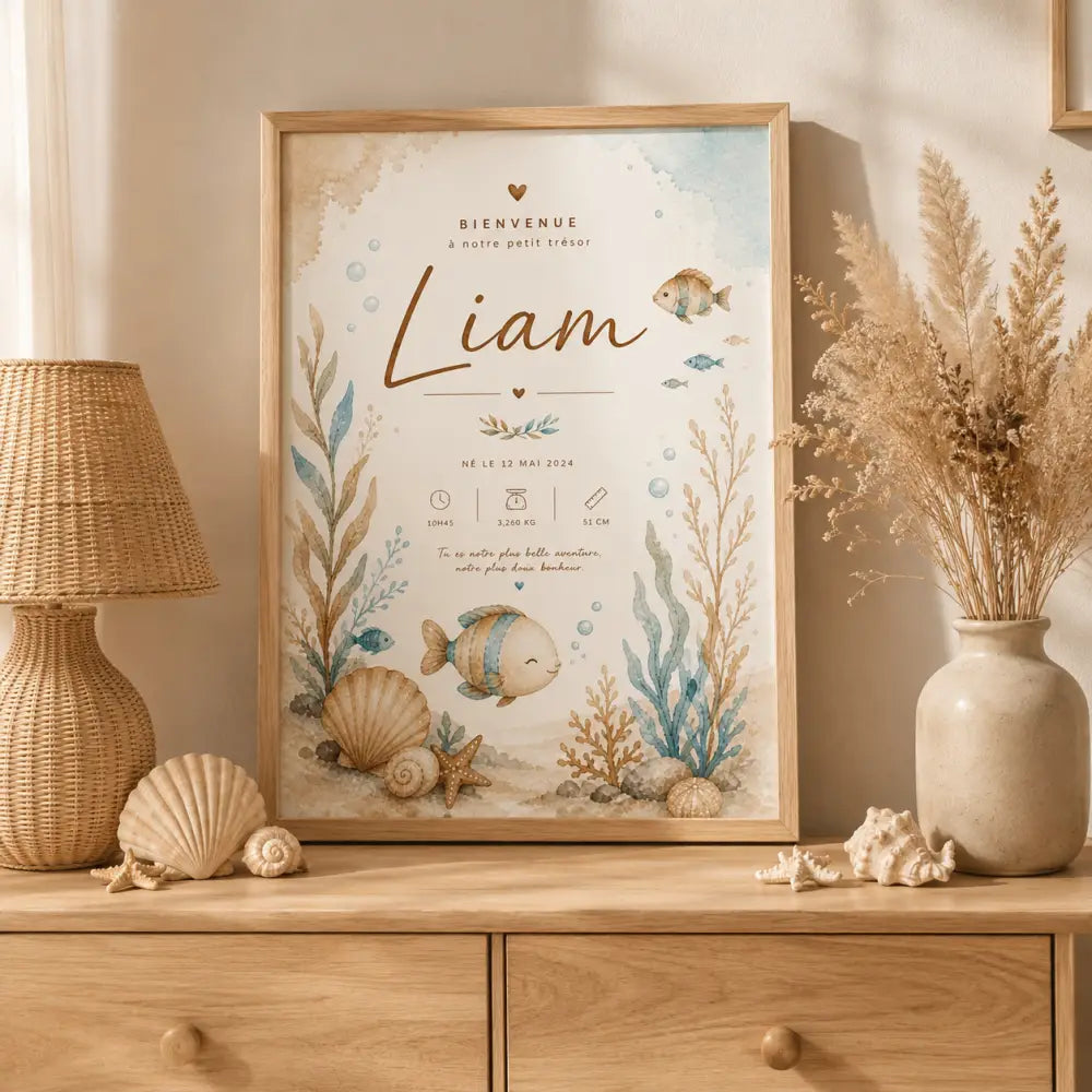 Un cadre aquarelle avec une annonce de naissance liam en écriture dorée et illustrations marines sur fond crème