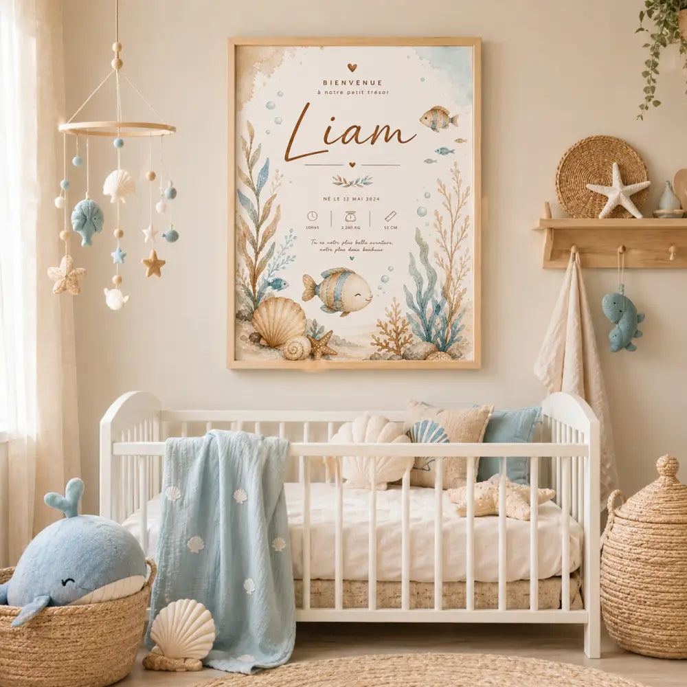Affiche de naissance thème océan gg avec illustrations aquarelle de poissons coquillages et algues en bleu et beige doux
