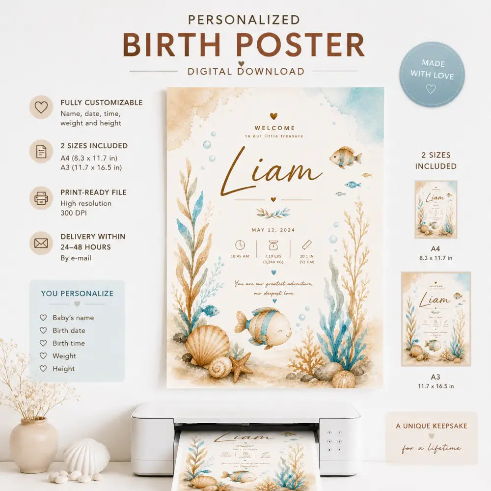 Poster de naissance personnalisé thème océan avec illustrations aquarelle poissons 