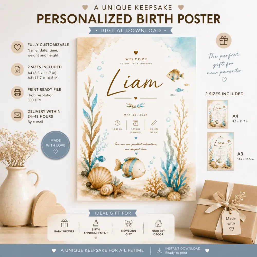 Affiche de naissance personnalisée gg thème océan aquarelle avec prénom 