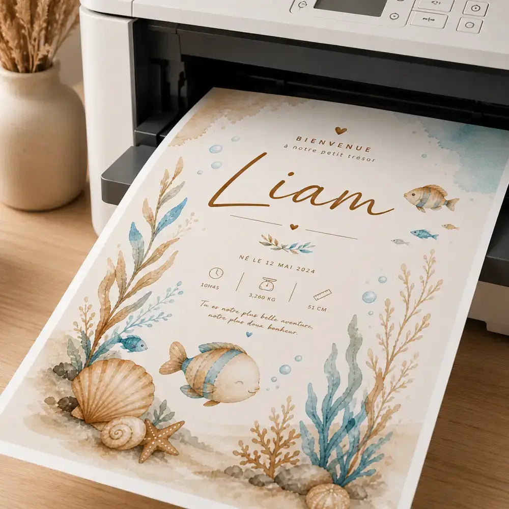 Carte d’annonce de naissance bébé délicate en aquarelle avec illustrations océaniques tons bleus