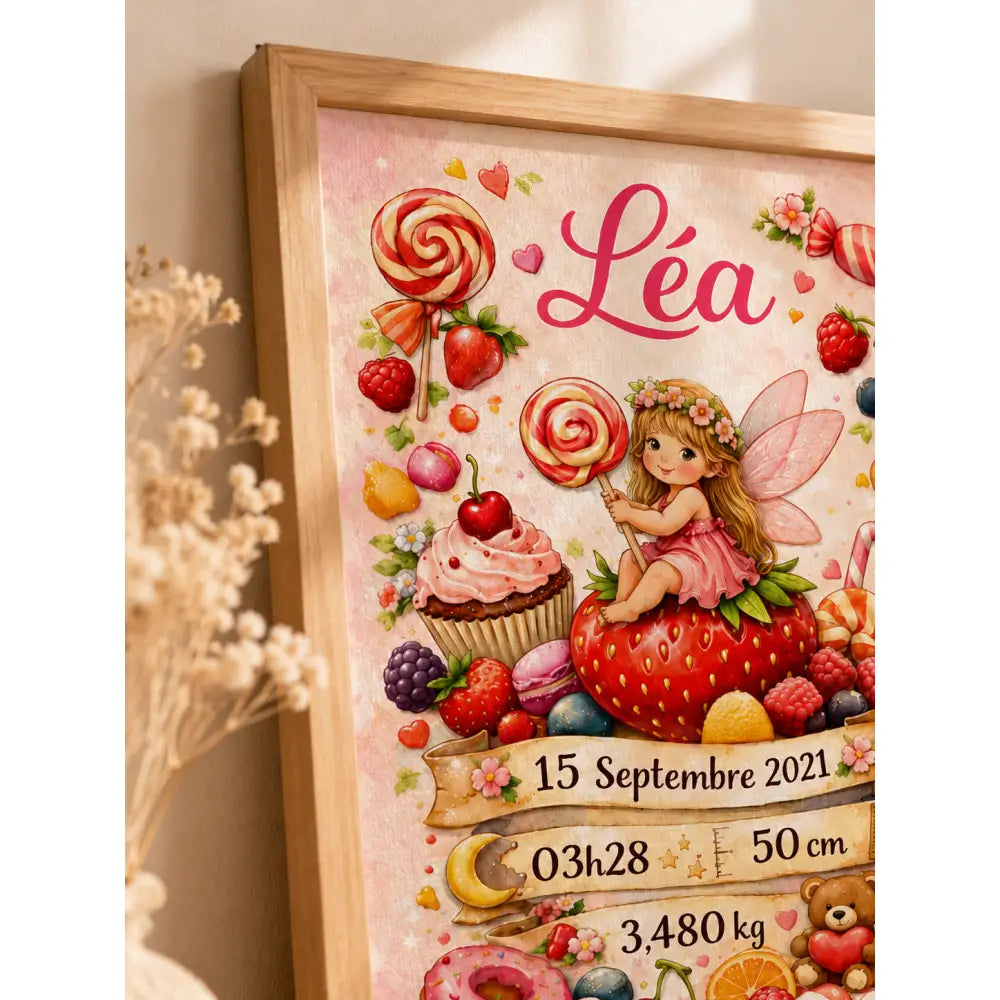 Un poster personnalisé de naissance encadré avec une fée sur une fraise entourée de bonbons et le prénom léa