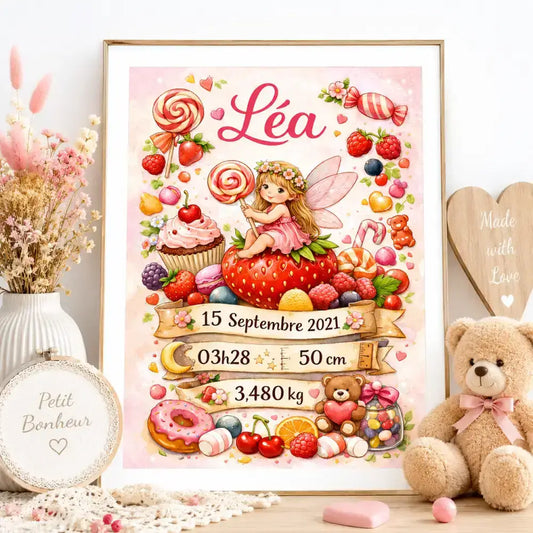 Affiche naissance personnalisée rose avec fée sur fraise entourée de bonbons fruits, cadeau naissance personnalisé 