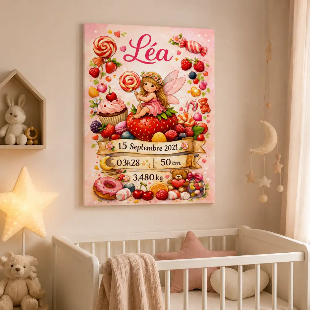 Impression sur toile rose avec une fée assise sur une fraise entourée de bonbons fruits et cupcakes avec nom 