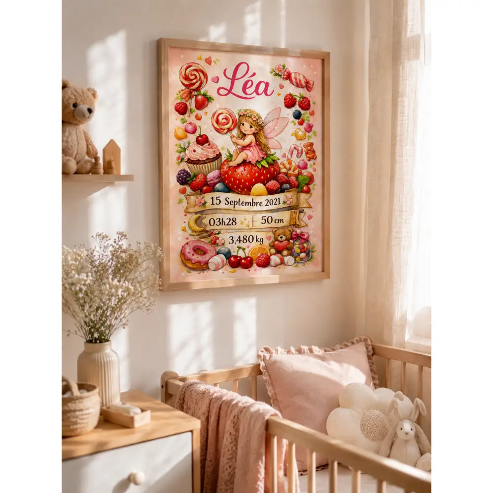 Poster de naissance ee avec cadre rose et fée léa entourée de bonbons fruits et cupcakes