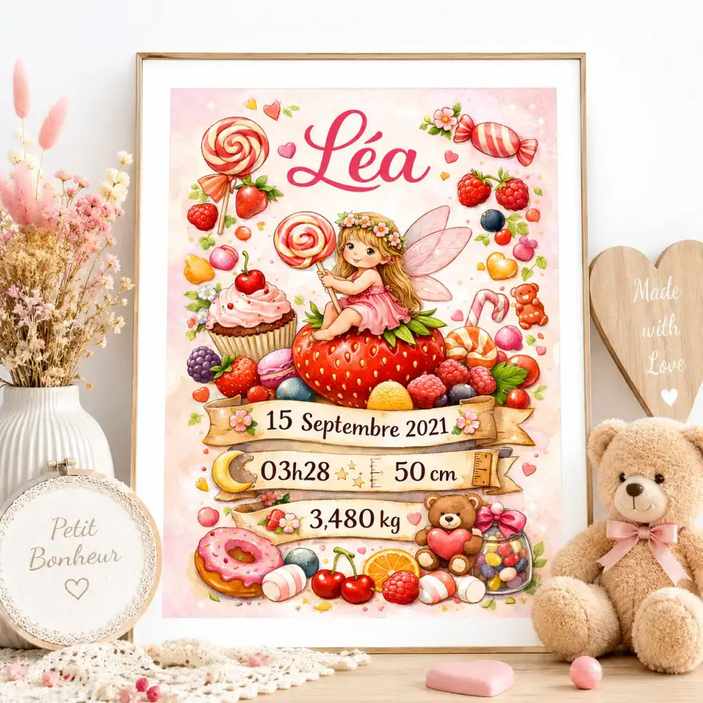 Toile de naissance Ee rose illustrée avec une fée sur une fraise entourée de bonbons cupcakes et fruits