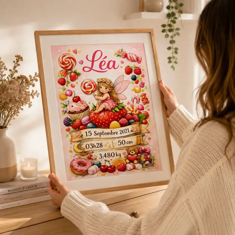 Illustration encadrée pastel rose d’une fée assise sur une fraise entourée de bonbons et fruits pour produit ee