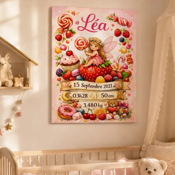 Affiche naissance en toile rose avec fée sur fraise entourée de bonbons et fruits nom léa et détails de naissance