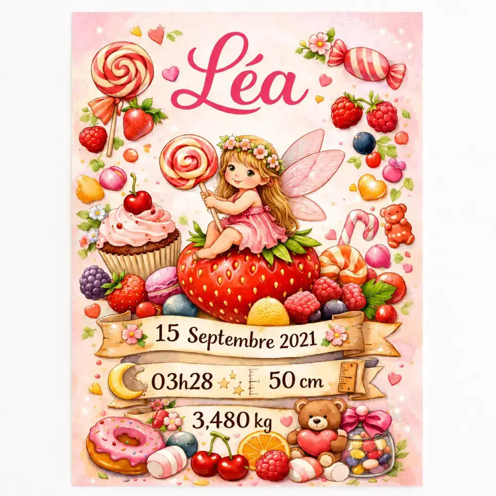 Affiche naissance personnalisée avec fée rose sur fraise rouge cadeau naissance personnalisé idéal baby shower pdf