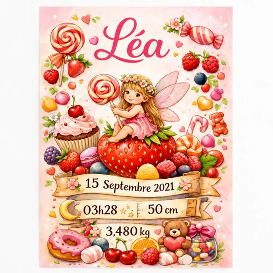 Affiche naissance personnalisée avec fée rose sur fraise rouge cadeau naissance personnalisé idéal baby shower pdf