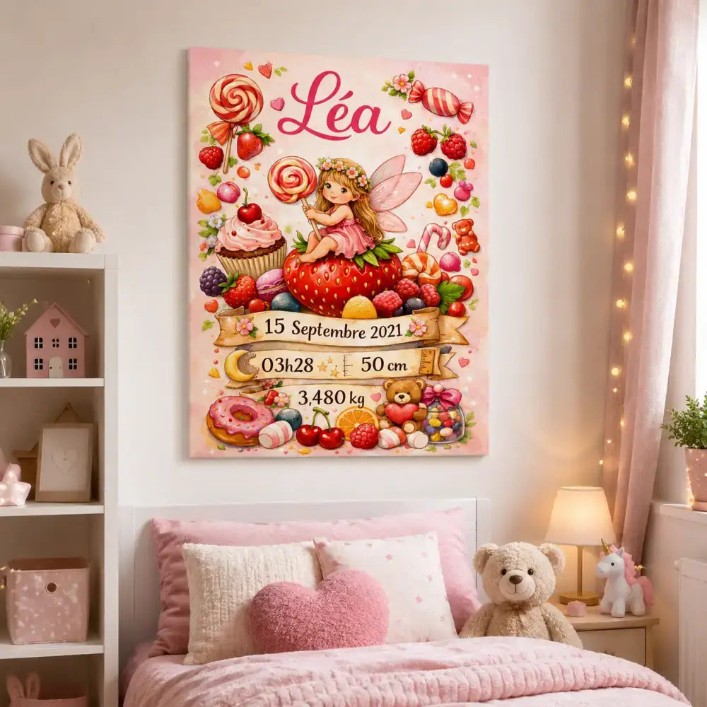 Affiche naissance personnalisée rose avec fée sur fraise entourée de bonbons et fruits idéale cadeau naissance personnalisé baby shower