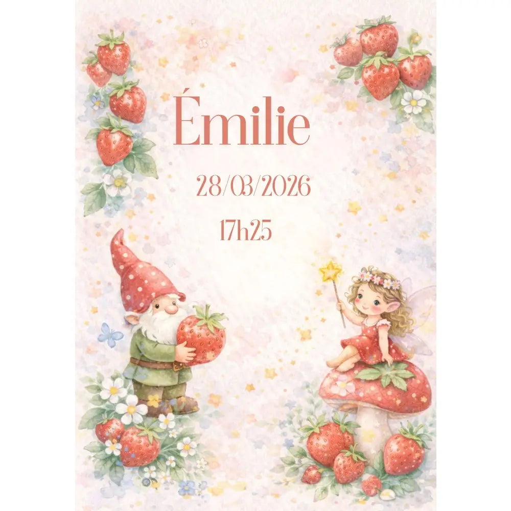 Affiche naissance personnalisée pdf a4 avec prénom date et heure illustrée d une carte naissance avec fée gnome fraises pastel