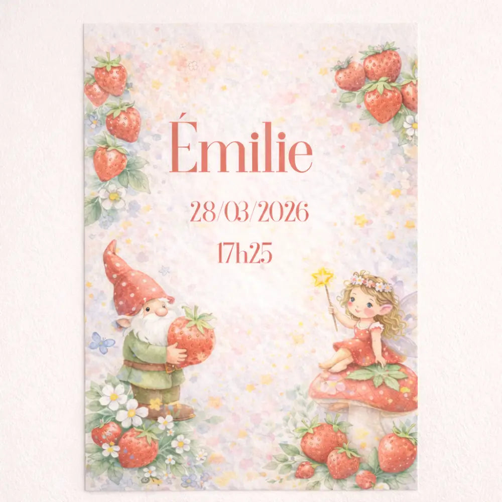 Affiche naissance personnalisée pdf a4 aux tons pastel avec illustration féerique de fée et gnome pour naissance