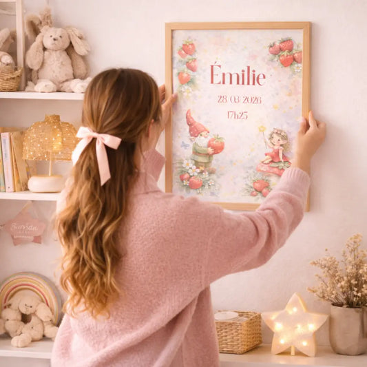Affiche naissance personnalisée avec prénom illustration gnomes et fées fraises cadre a4 pdf