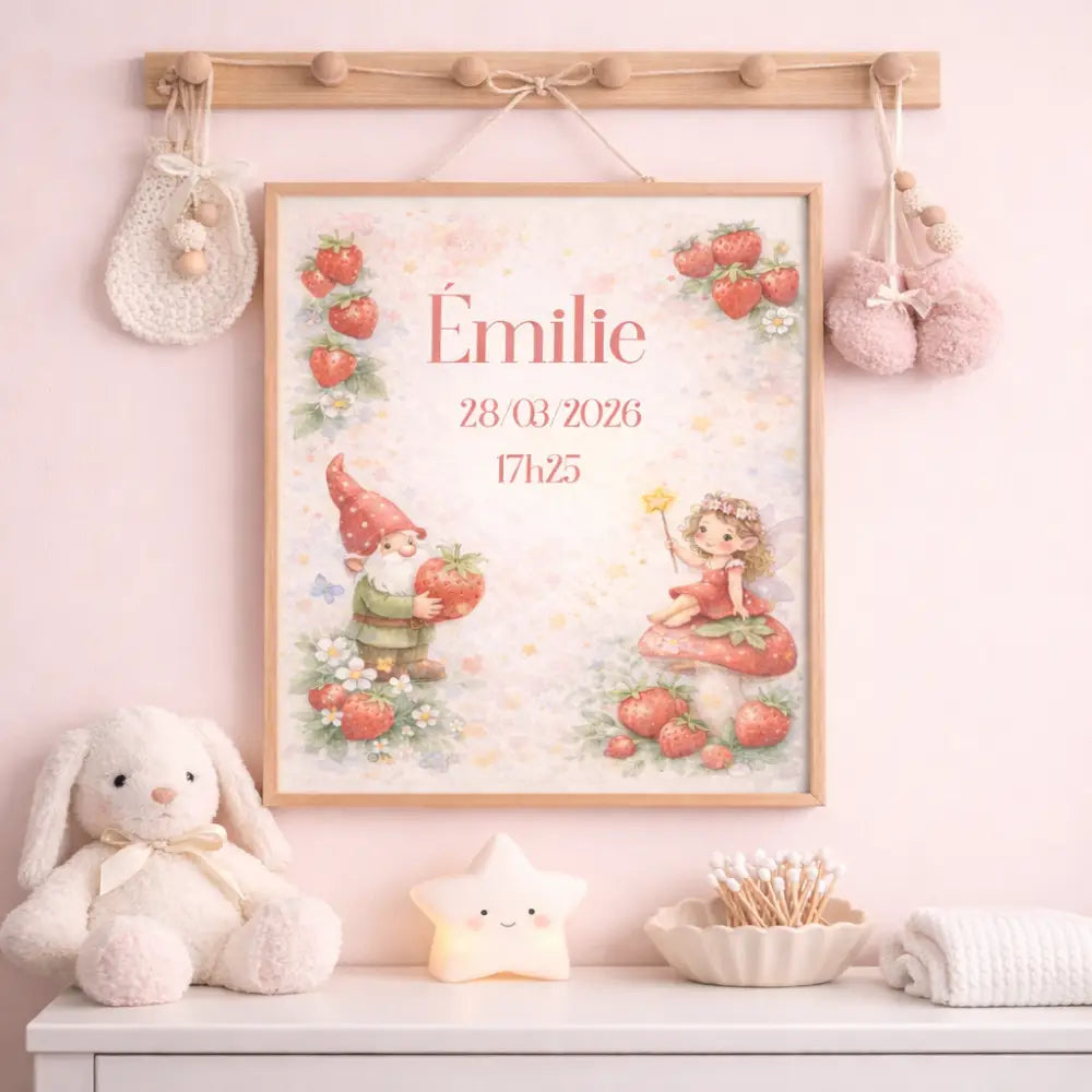 Affiche naissance personnalisée avec prénom émylie date et heure en rose doux illustration fée et gnome fraises sur fond ivoire
