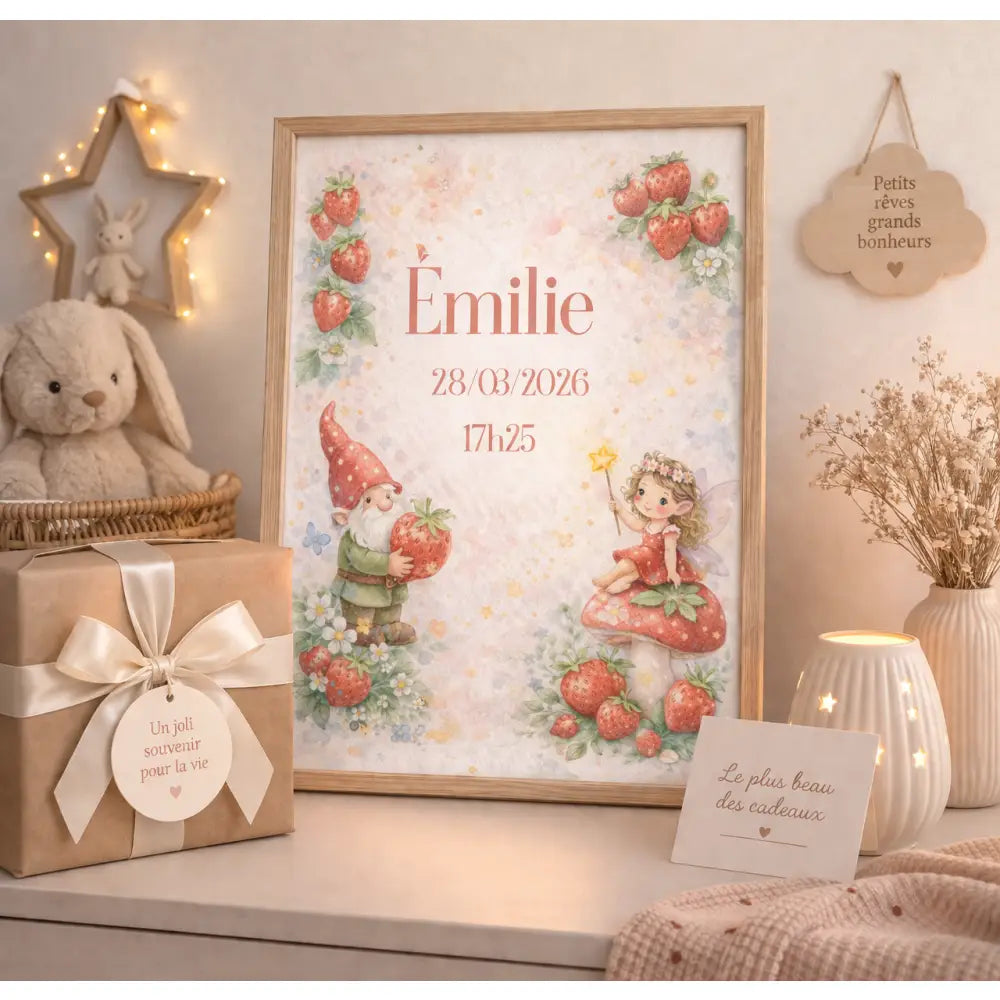 Affiche naissance personnalisée avec prénom et date en rose pâle, illustrations féerique de fée et gnome avec fraises