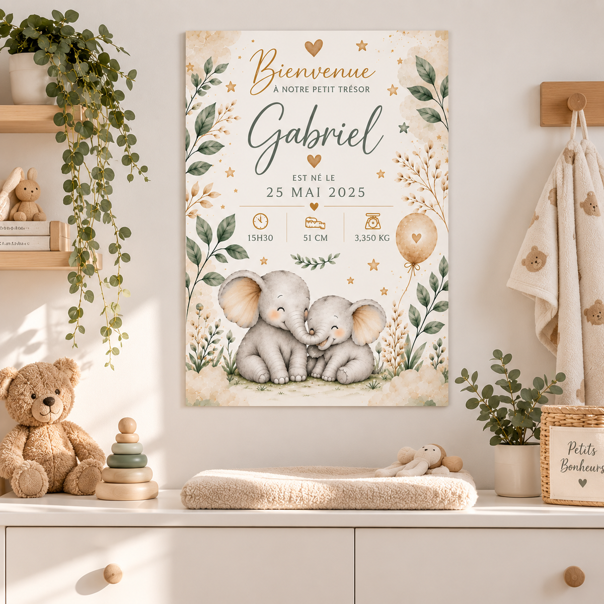 Affiche naissance personnalisée avec deux éléphants beige et gris et bordure feuillagée pour bébé gabriel