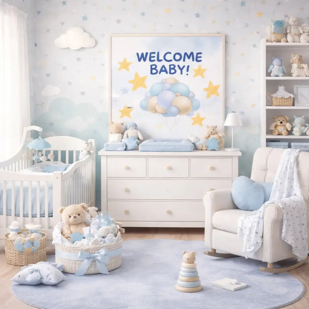 Welcome Baby printable nursery wall art with soft neutral tones
