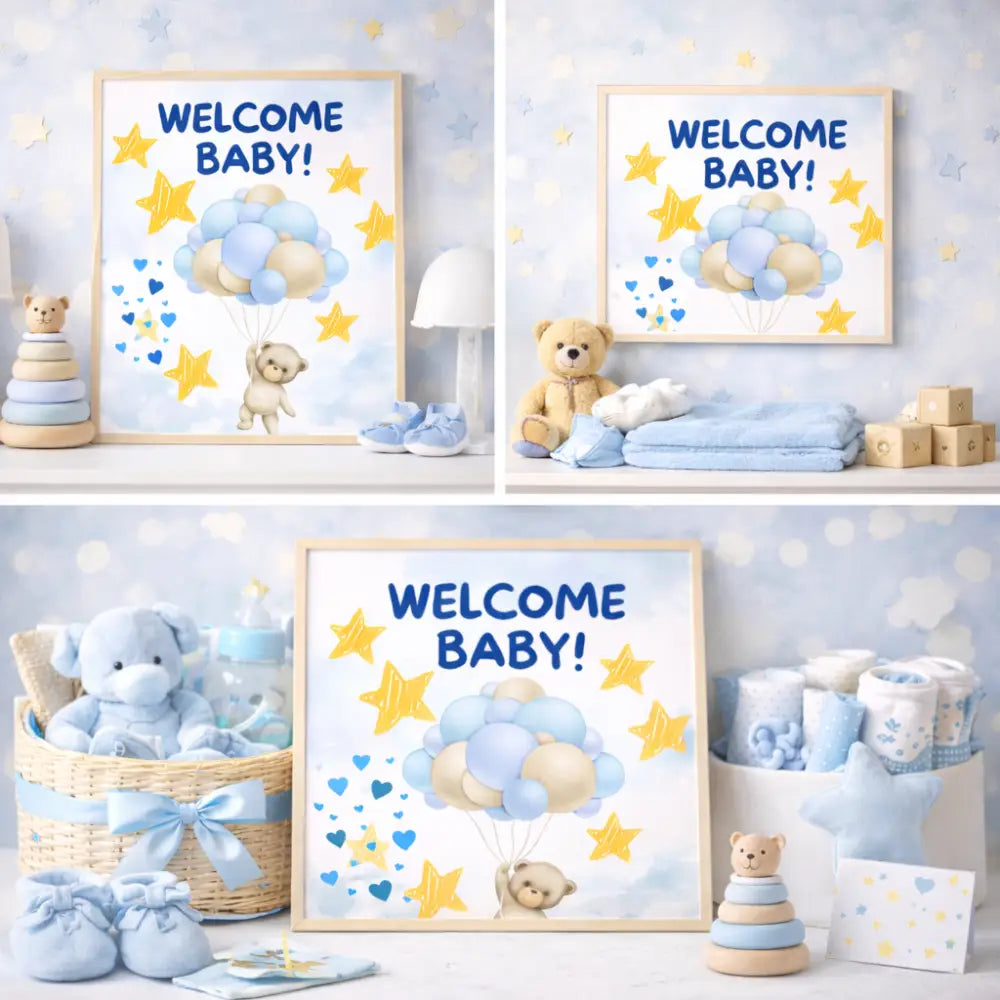 Welcome Baby printable wall art displayed in a calm nursery setting