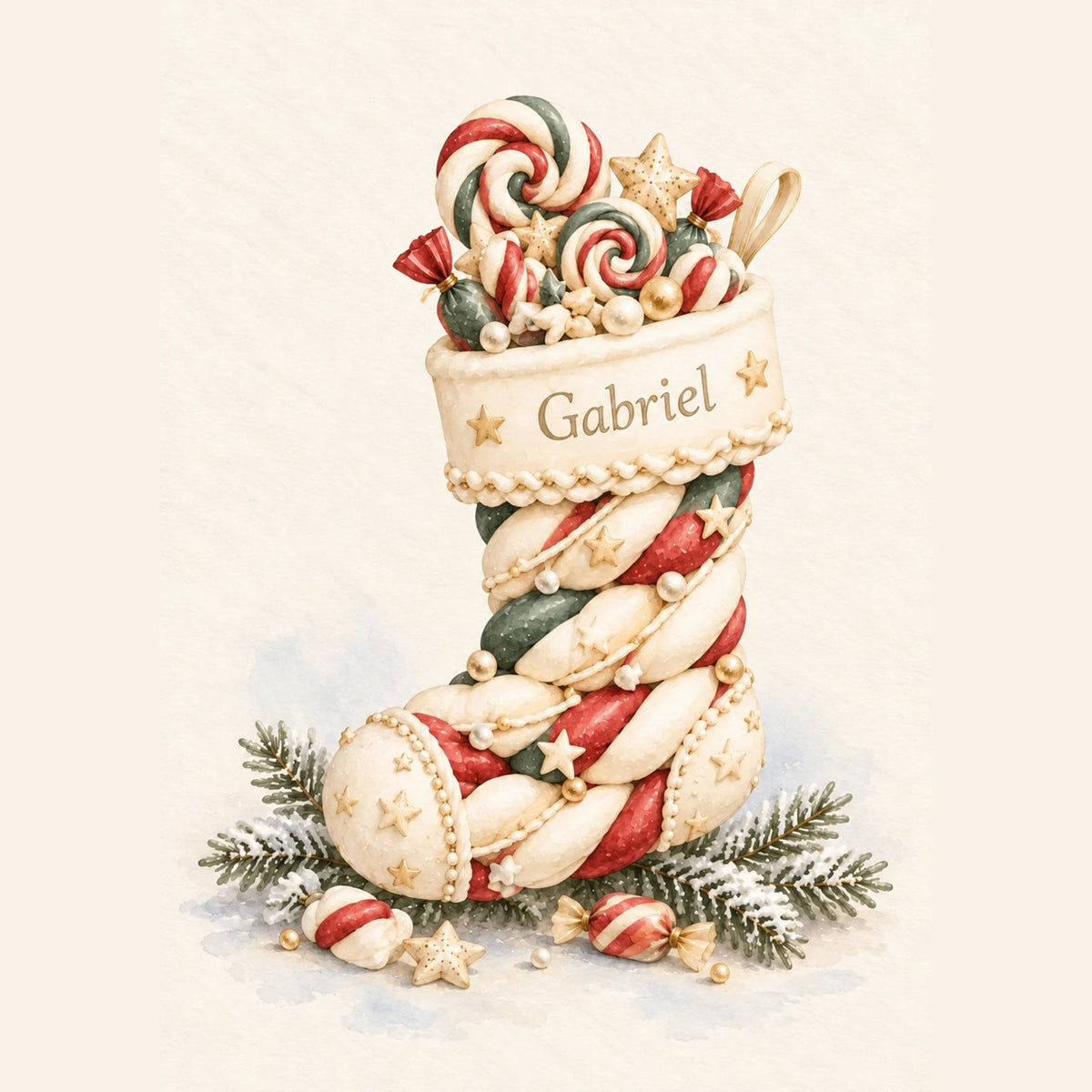 Affiche de Noël personnalisée : chaussette de Noël en sucre d'orge remplie de sucettes avec le prénom de l'enfant