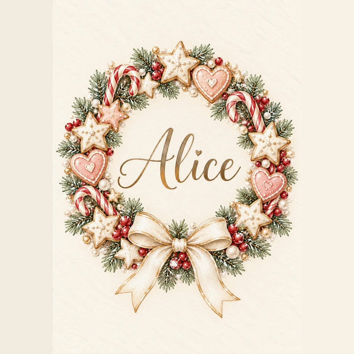 Affiche de Noël personnalisée : couronne de Noël en sucres d'orge, biscuits et cœurs autour du prénom de l'enfant