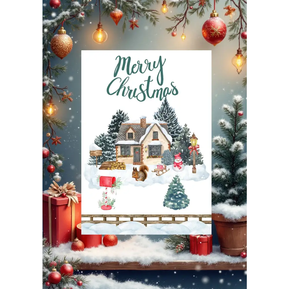 Affiche noël festive avec cottage enneigé, sapins, écureuil et bonhomme de neige idéale comme idée cadeau christmas poster