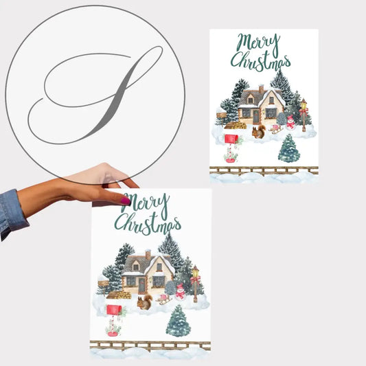Affiche Noël festive avec illustration aquarelle d'un village enneigé et personnages, idée cadeau chic