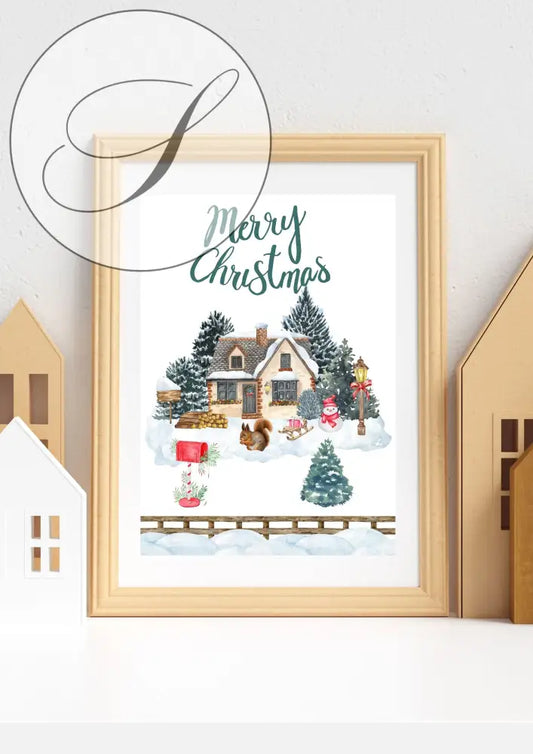 Affiche Noël avec illustration aquarelle d'une maison enneigée et personnages festifs, idée cadeau chic